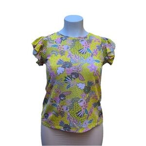 LOFT Yellow Floral Blouse with Ruffle Sleeves